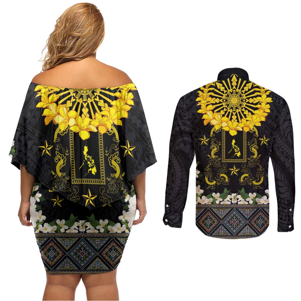 Flores de Mayo and Filipino Fiesta Couples Matching Off Shoulder Short Dress and Long Sleeve Button Shirt The Sun-Jasmine and Polynesian Yakan Tattoo Barong Style LT03 - Polynesian Pride