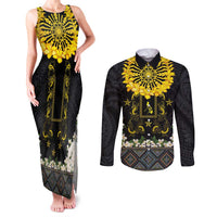 Flores de Mayo and Filipino Fiesta Couples Matching Tank Maxi Dress and Long Sleeve Button Shirt The Sun-Jasmine and Polynesian Yakan Tattoo Barong Style LT03 Black - Polynesian Pride