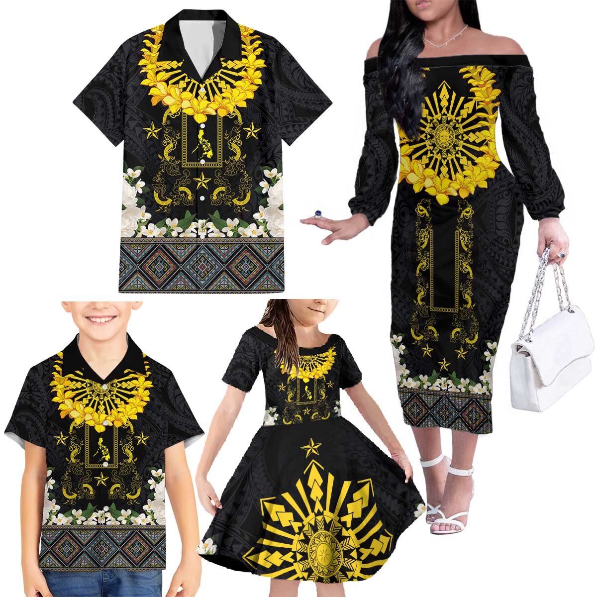 Flores de Mayo and Filipino Fiesta Family Matching Off The Shoulder Long Sleeve Dress and Hawaiian Shirt The Sun-Jasmine and Polynesian Yakan Tattoo Barong Style