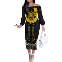 Flores de Mayo and Filipino Fiesta Family Matching Off The Shoulder Long Sleeve Dress and Hawaiian Shirt The Sun-Jasmine and Polynesian Yakan Tattoo Barong Style