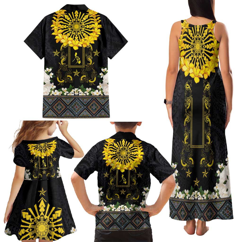 Flores de Mayo and Filipino Fiesta Family Matching Tank Maxi Dress and Hawaiian Shirt The Sun-Jasmine and Polynesian Yakan Tattoo Barong Style