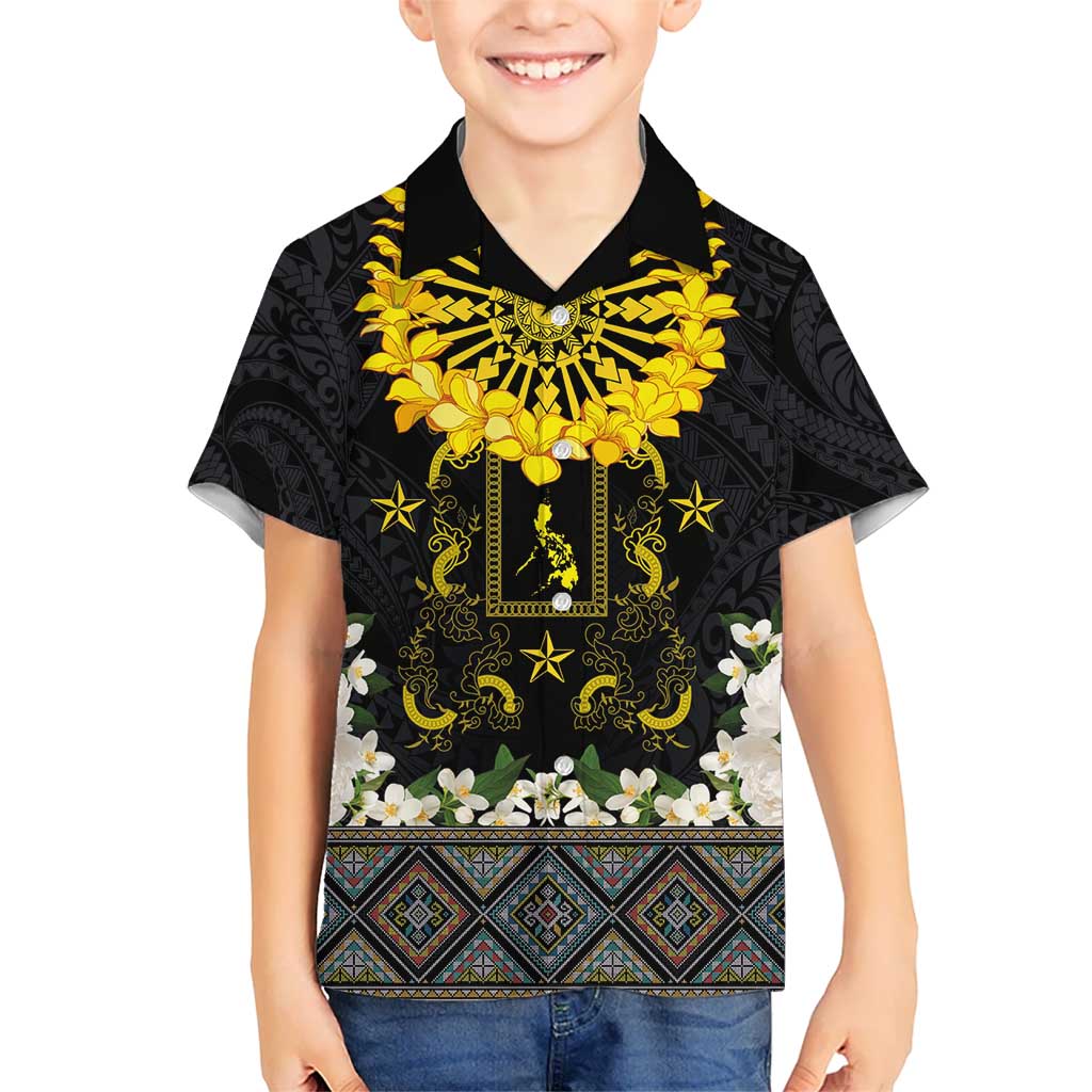 Flores de Mayo and Filipino Fiesta Kid Hawaiian Shirt The Sun-Jasmine and Polynesian Yakan Tattoo Barong Style