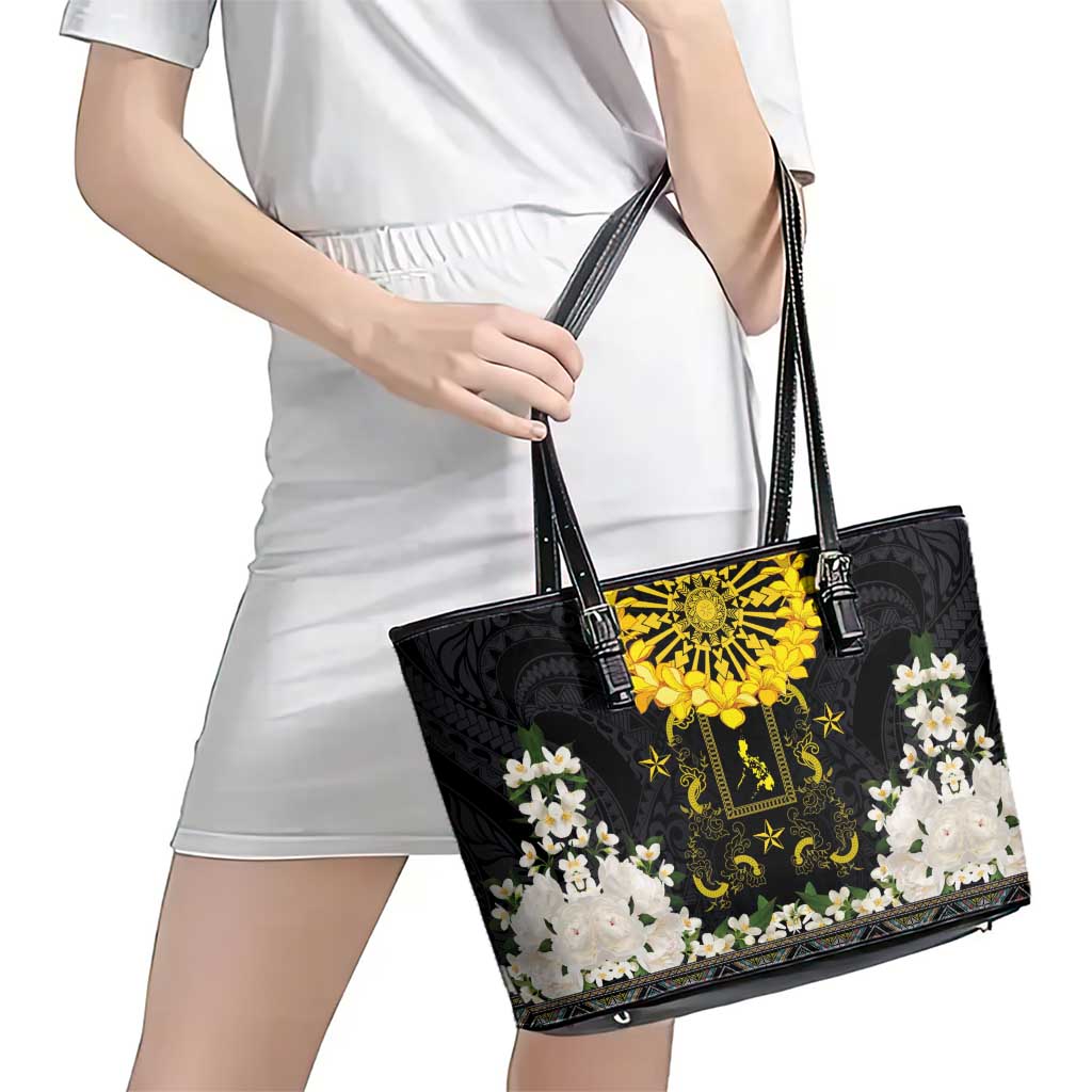 Flores de Mayo and Filipino Fiesta Leather Tote Bag The Sun-Jasmine and Polynesian Yakan Tattoo Barong Style