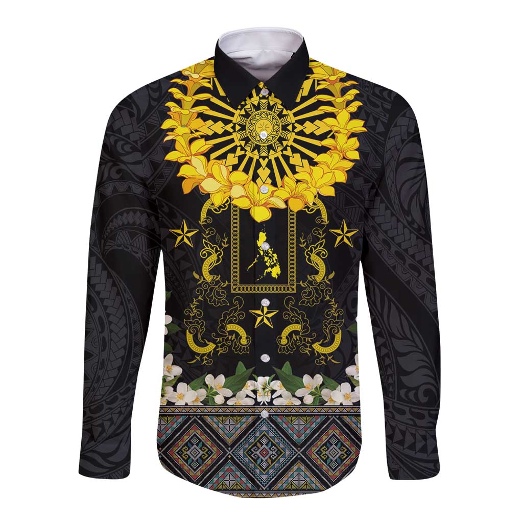 Flores de Mayo and Filipino Fiesta Long Sleeve Button Shirt The Sun-Jasmine and Polynesian Yakan Tattoo Barong Style LT03 Unisex Black - Polynesian Pride