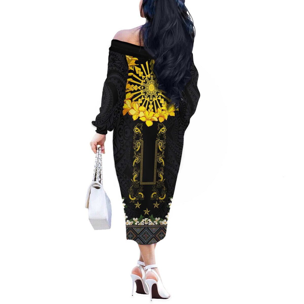 Flores de Mayo and Filipino Fiesta Off The Shoulder Long Sleeve Dress The Sun-Jasmine and Polynesian Yakan Tattoo Barong Style
