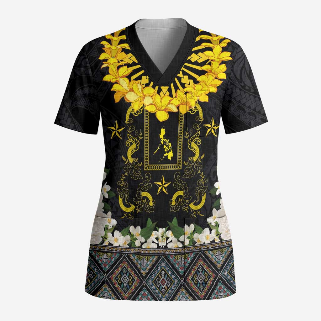 Flores de Mayo and Filipino Fiesta Scrub Top The Sun-Jasmine and Polynesian Yakan Tattoo Barong Style - Polynesian Pride