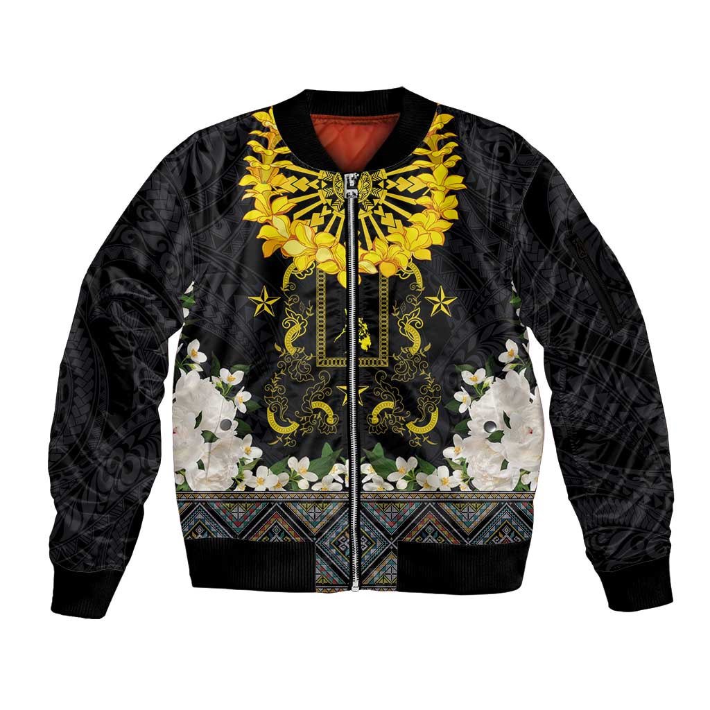 Flores de Mayo and Filipino Fiesta Sleeve Zip Bomber Jacket The Sun-Jasmine and Polynesian Yakan Tattoo Barong Style LT03 Unisex Black - Polynesian Pride
