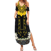 Flores de Mayo and Filipino Fiesta Summer Maxi Dress The Sun-Jasmine and Polynesian Yakan Tattoo Barong Style LT03 Women Black - Polynesian Pride