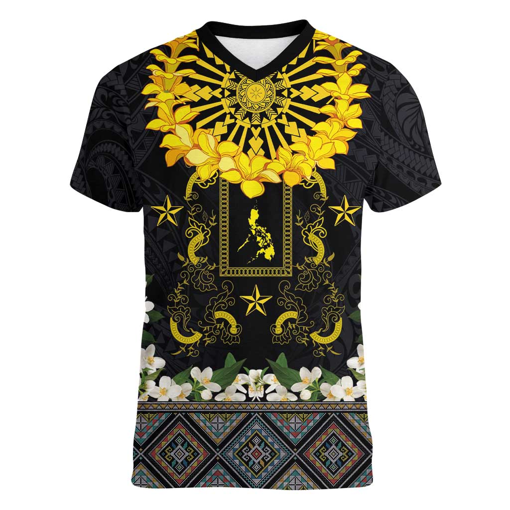 Flores de Mayo and Filipino Fiesta Women V-Neck T-Shirt The Sun-Jasmine and Polynesian Yakan Tattoo Barong Style LT03 Female Black - Polynesian Pride