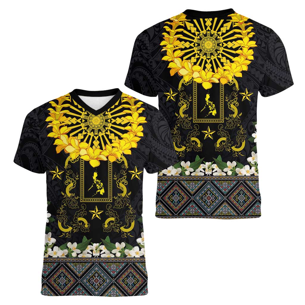 Flores de Mayo and Filipino Fiesta Women V-Neck T-Shirt The Sun-Jasmine and Polynesian Yakan Tattoo Barong Style LT03 - Polynesian Pride