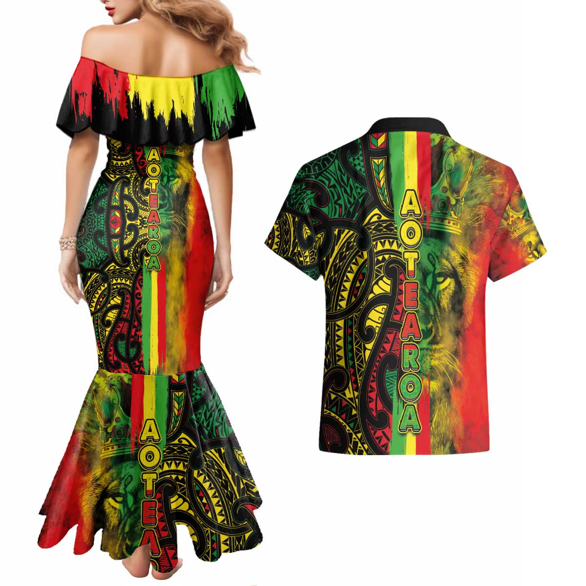 Aotearoa Reggae Couples Matching Mermaid Dress and Hawaiian Shirt Maori Reggae-One Love