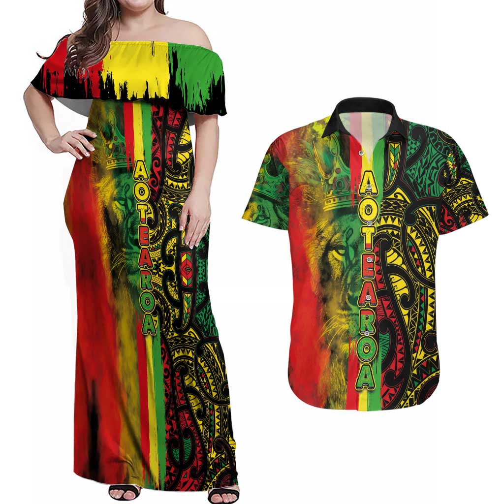 Aotearoa Reggae Couples Matching Off Shoulder Maxi Dress and Hawaiian Shirt Maori Reggae-One Love