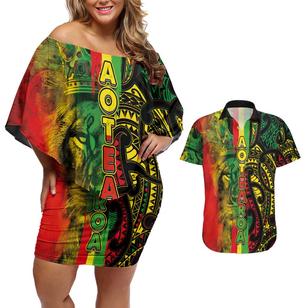 Aotearoa Reggae Couples Matching Off Shoulder Short Dress and Hawaiian Shirt Maori Reggae-One Love