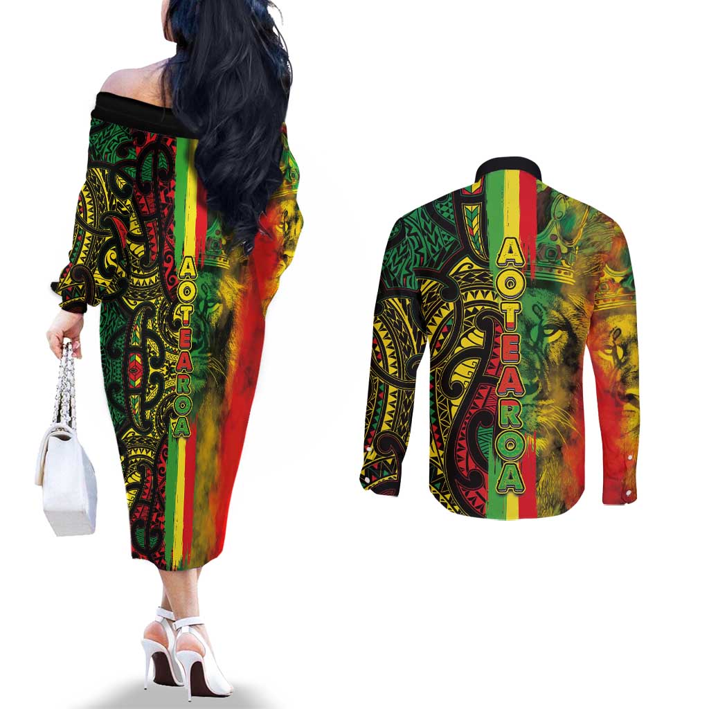 Aotearoa Reggae Couples Matching Off The Shoulder Long Sleeve Dress and Long Sleeve Button Shirt Maori Reggae-One Love LT03 - Polynesian Pride