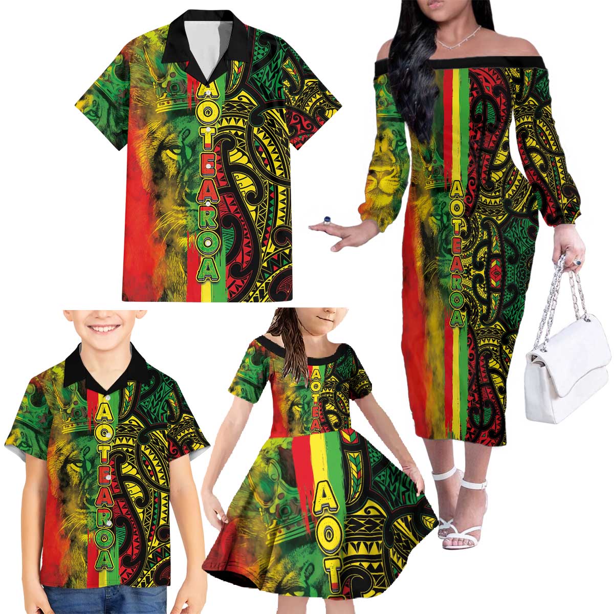 Aotearoa Reggae Family Matching Off The Shoulder Long Sleeve Dress and Hawaiian Shirt Maori Reggae-One Love