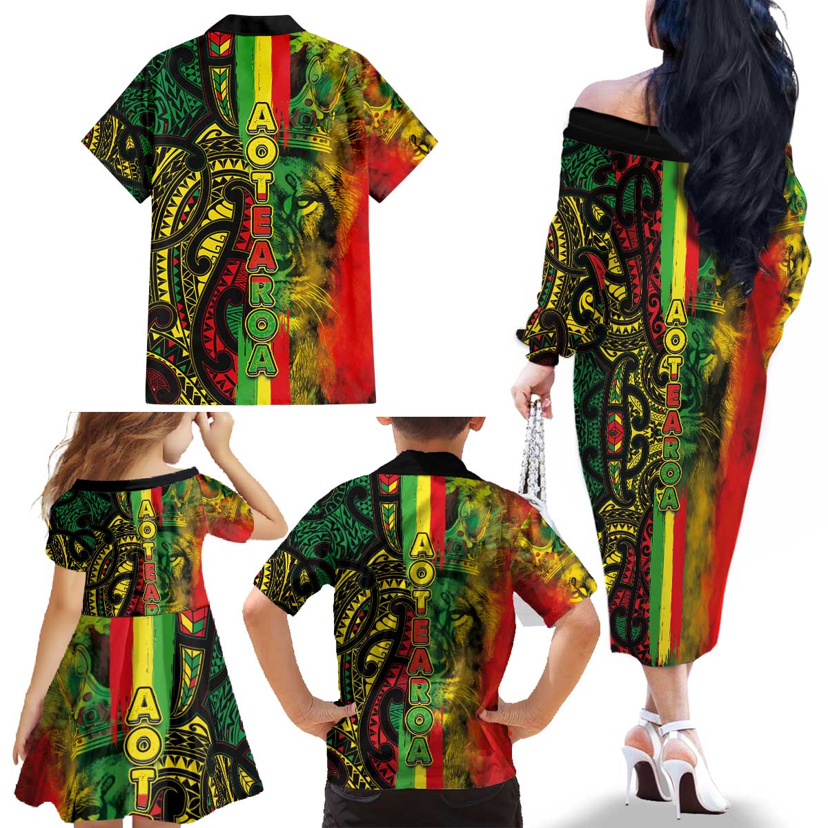 Aotearoa Reggae Family Matching Off The Shoulder Long Sleeve Dress and Hawaiian Shirt Maori Reggae-One Love