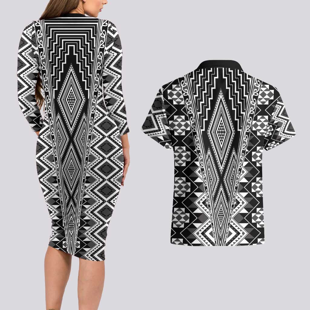Aotearoa Tukutuku and Poutama Motif Classic Couples Matching Long Sleeve Bodycon Dress and Hawaiian Shirt
