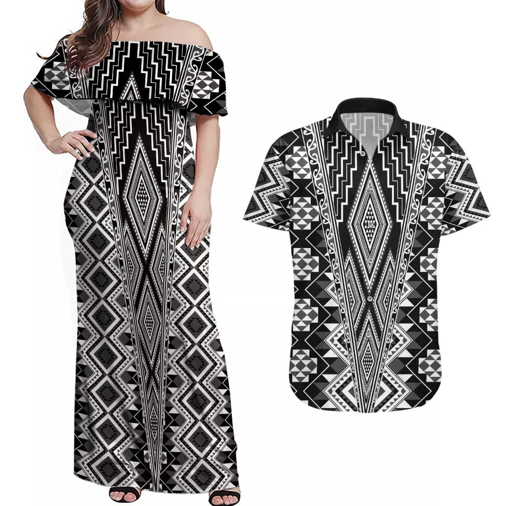 Aotearoa Tukutuku and Poutama Motif Classic Couples Matching Off Shoulder Maxi Dress and Hawaiian Shirt