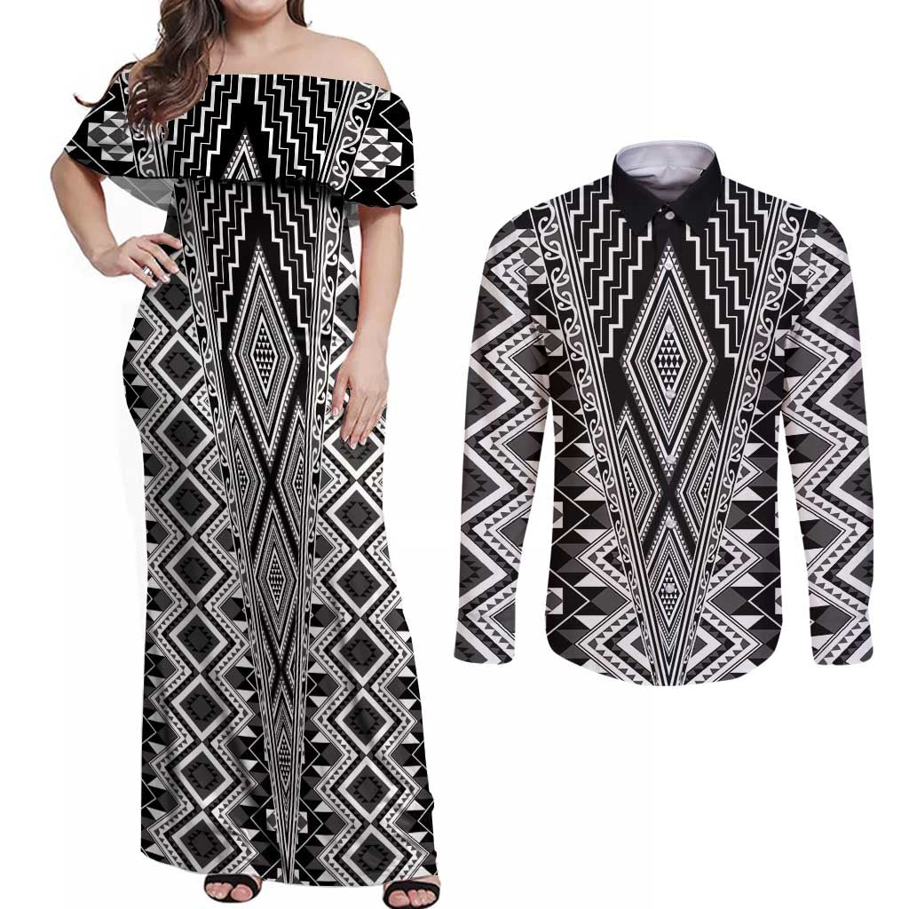 Aotearoa Tukutuku and Poutama Motif Classic Couples Matching Off Shoulder Maxi Dress and Long Sleeve Button Shirt