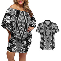 Aotearoa Tukutuku and Poutama Motif Classic Couples Matching Off Shoulder Short Dress and Hawaiian Shirt
