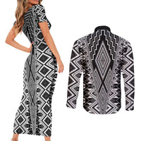 Aotearoa Tukutuku and Poutama Motif Classic Couples Matching Short Sleeve Bodycon Dress and Long Sleeve Button Shirt