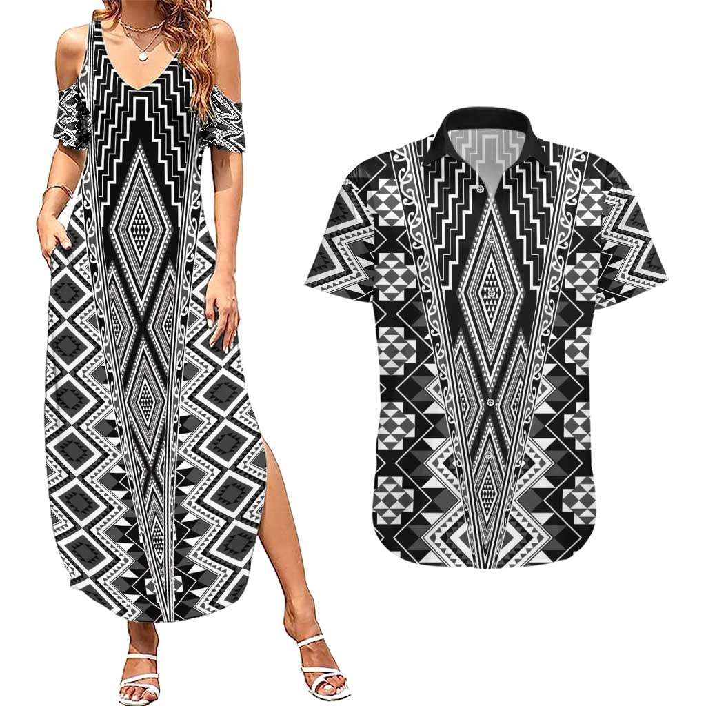 Aotearoa Tukutuku and Poutama Motif Classic Couples Matching Summer Maxi Dress and Hawaiian Shirt