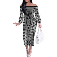 Aotearoa Tukutuku and Poutama Motif Classic Family Matching Off The Shoulder Long Sleeve Dress and Hawaiian Shirt