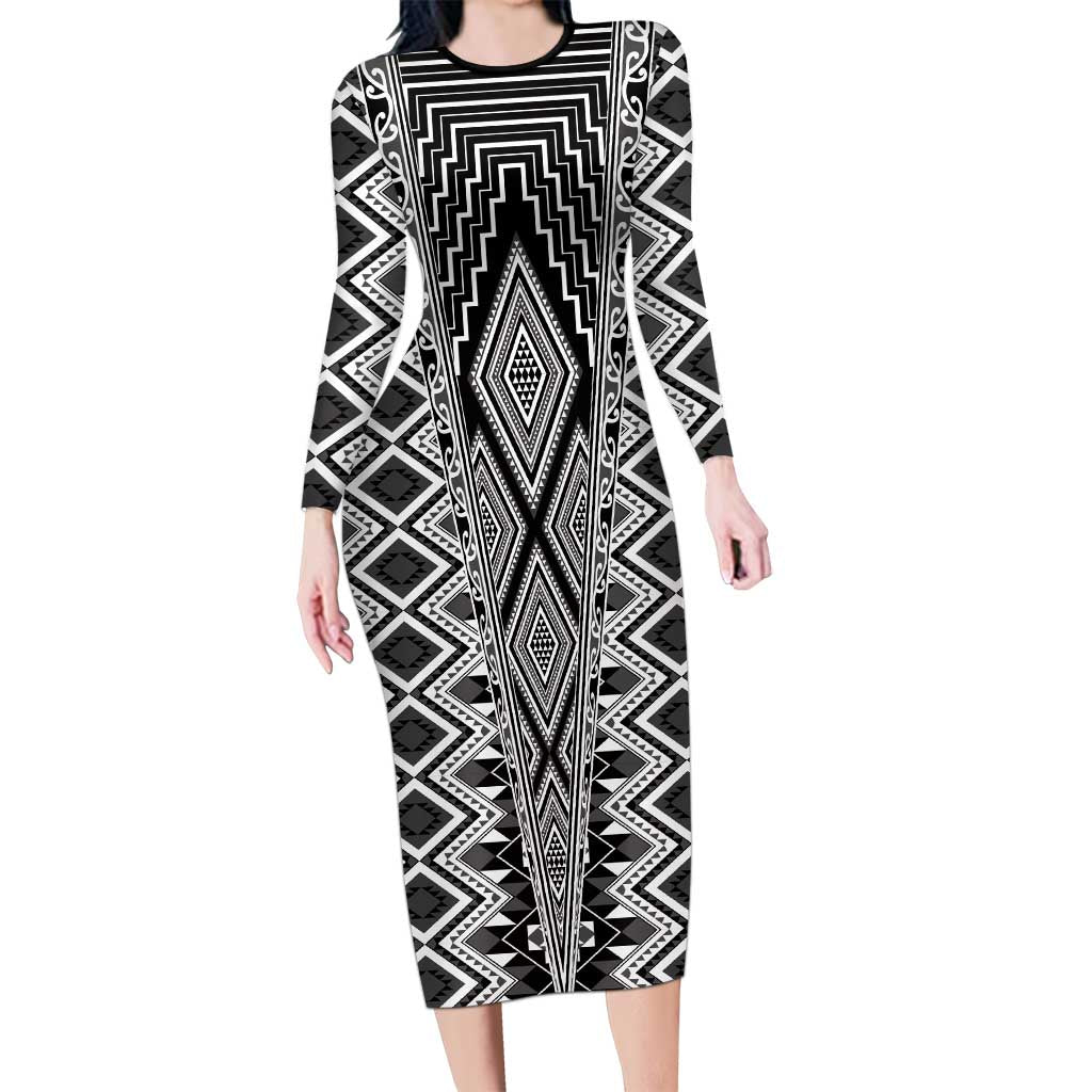 Aotearoa Tukutuku and Poutama Motif Classic Long Sleeve Bodycon Dress