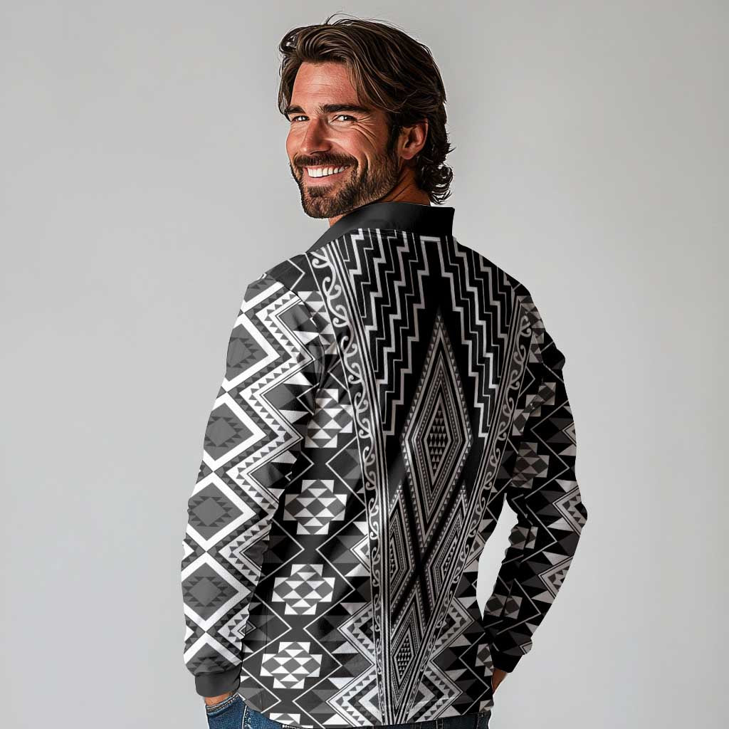 Aotearoa Tukutuku and Poutama Motif Classic Long Sleeve Polo Shirt