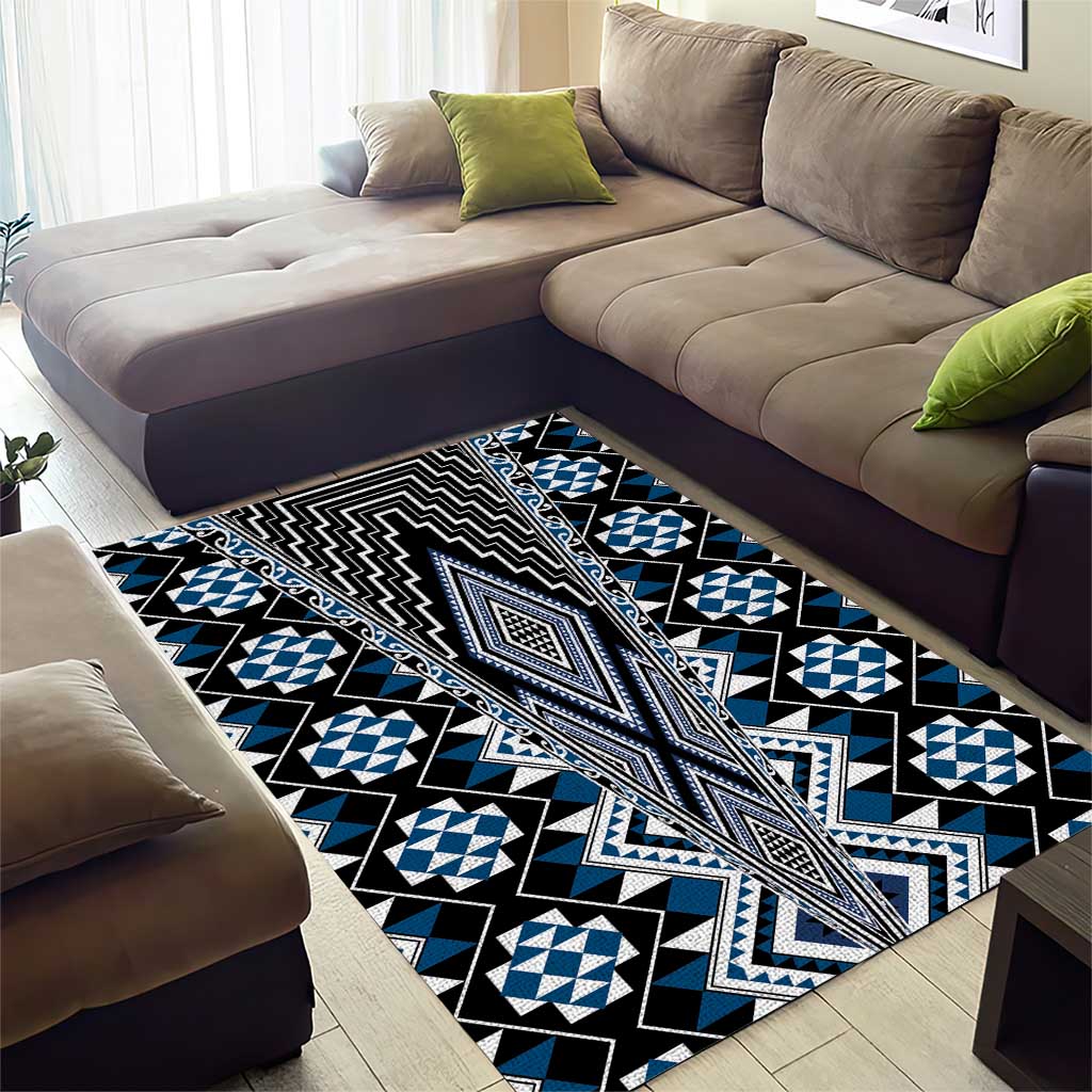 Blue Aotearoa Tukutuku and Poutama Motif Area Rug