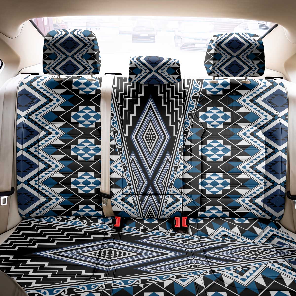 Blue Aotearoa Tukutuku and Poutama Motif Back Car Seat Cover