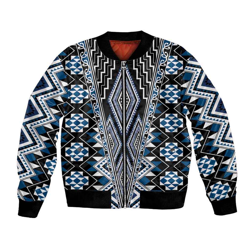 Blue Aotearoa Tukutuku and Poutama Motif Bomber Jacket LT03 Unisex Blue - Polynesian Pride