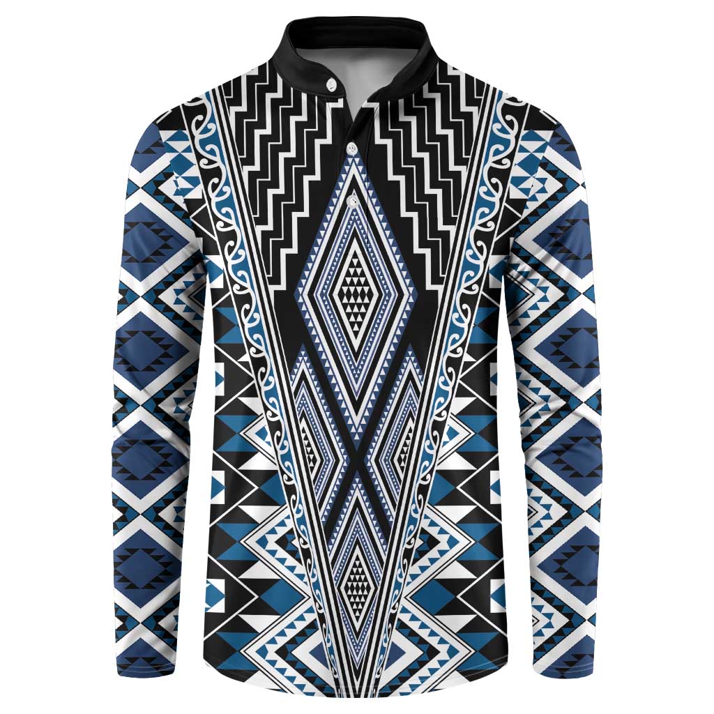 Blue Aotearoa Tukutuku and Poutama Motif Button Sweatshirt