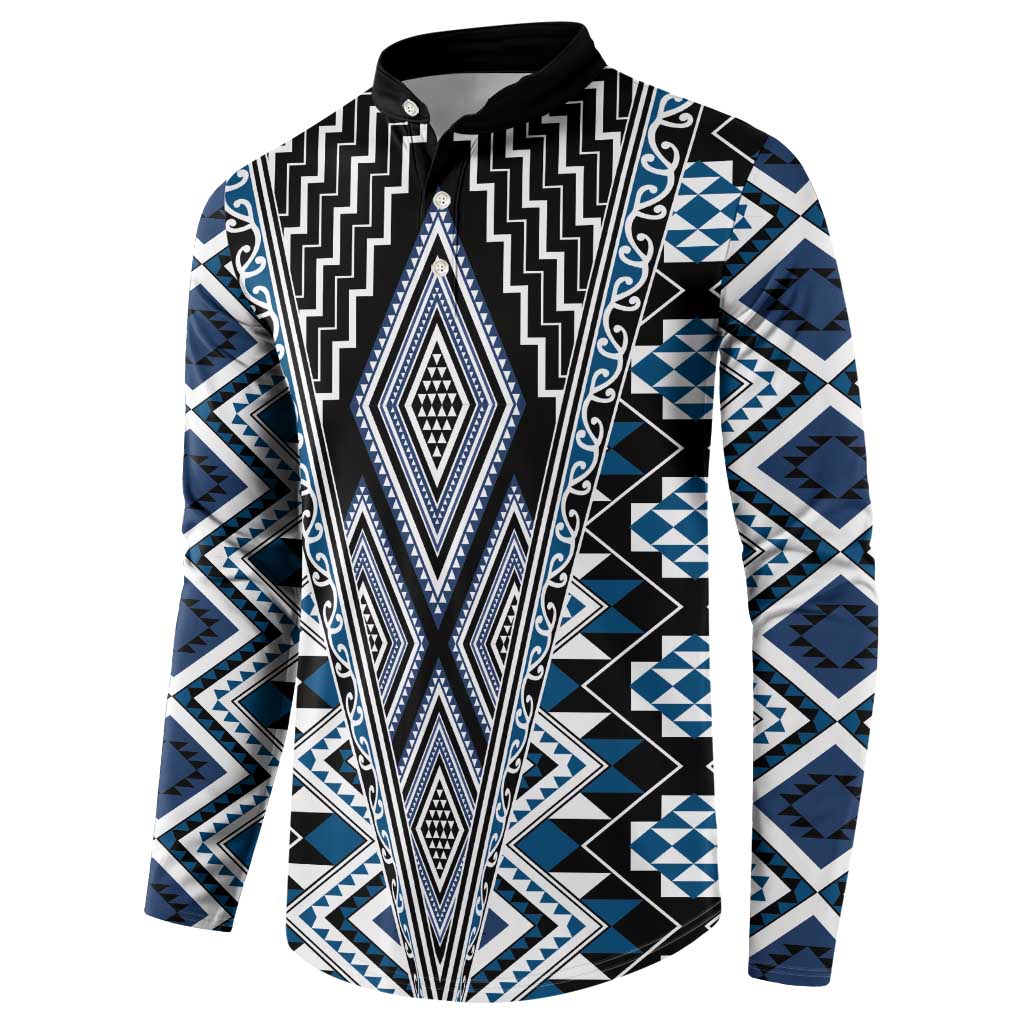 Blue Aotearoa Tukutuku and Poutama Motif Button Sweatshirt