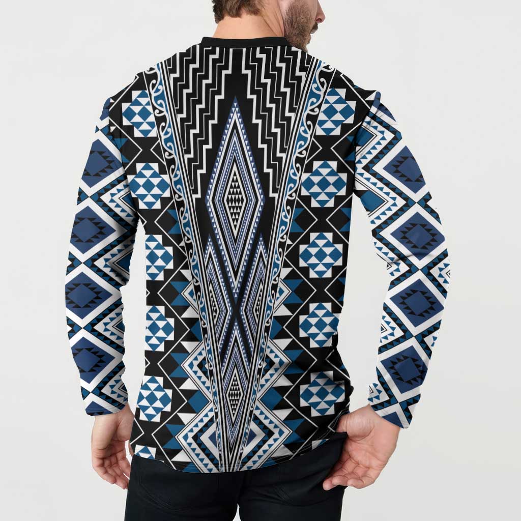 Blue Aotearoa Tukutuku and Poutama Motif Button Sweatshirt