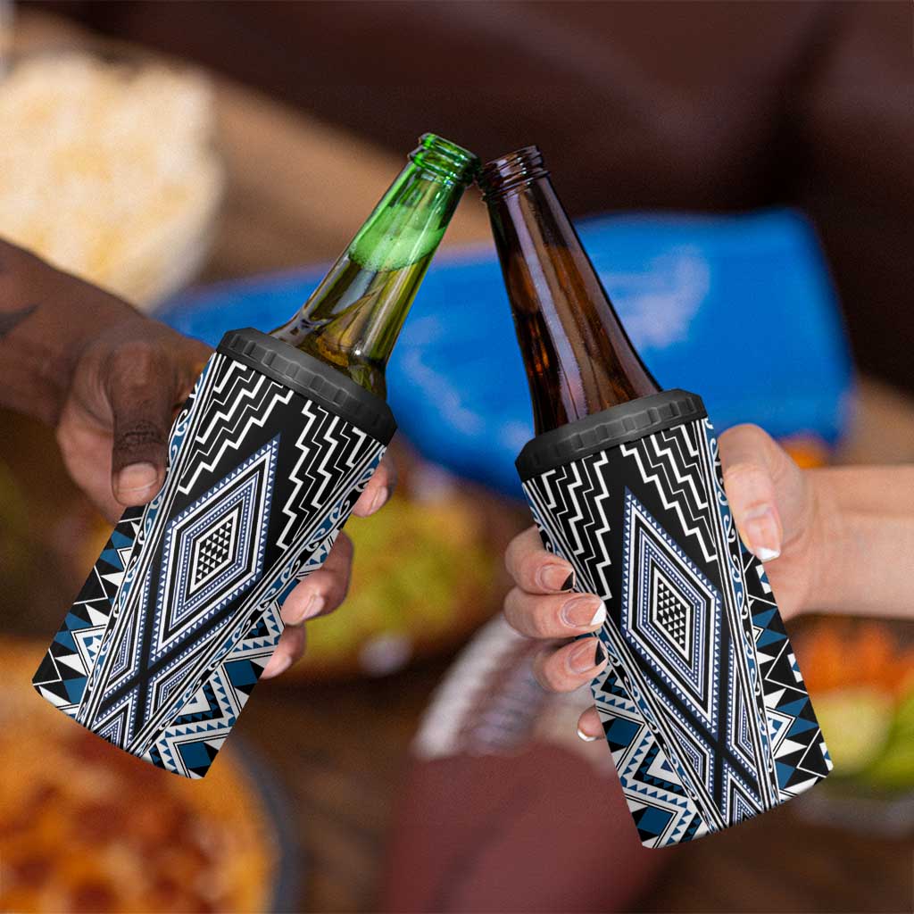 Blue Aotearoa Tukutuku and Poutama Motif 4 in 1 Can Cooler Tumbler