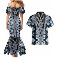 Blue Aotearoa Tukutuku and Poutama Motif Couples Matching Mermaid Dress and Hawaiian Shirt