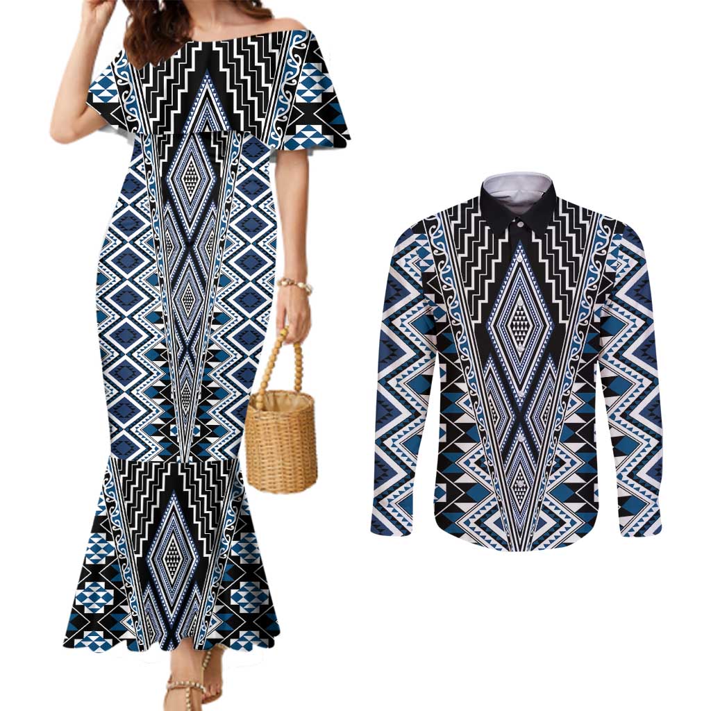Blue Aotearoa Tukutuku and Poutama Motif Couples Matching Mermaid Dress and Long Sleeve Button Shirt