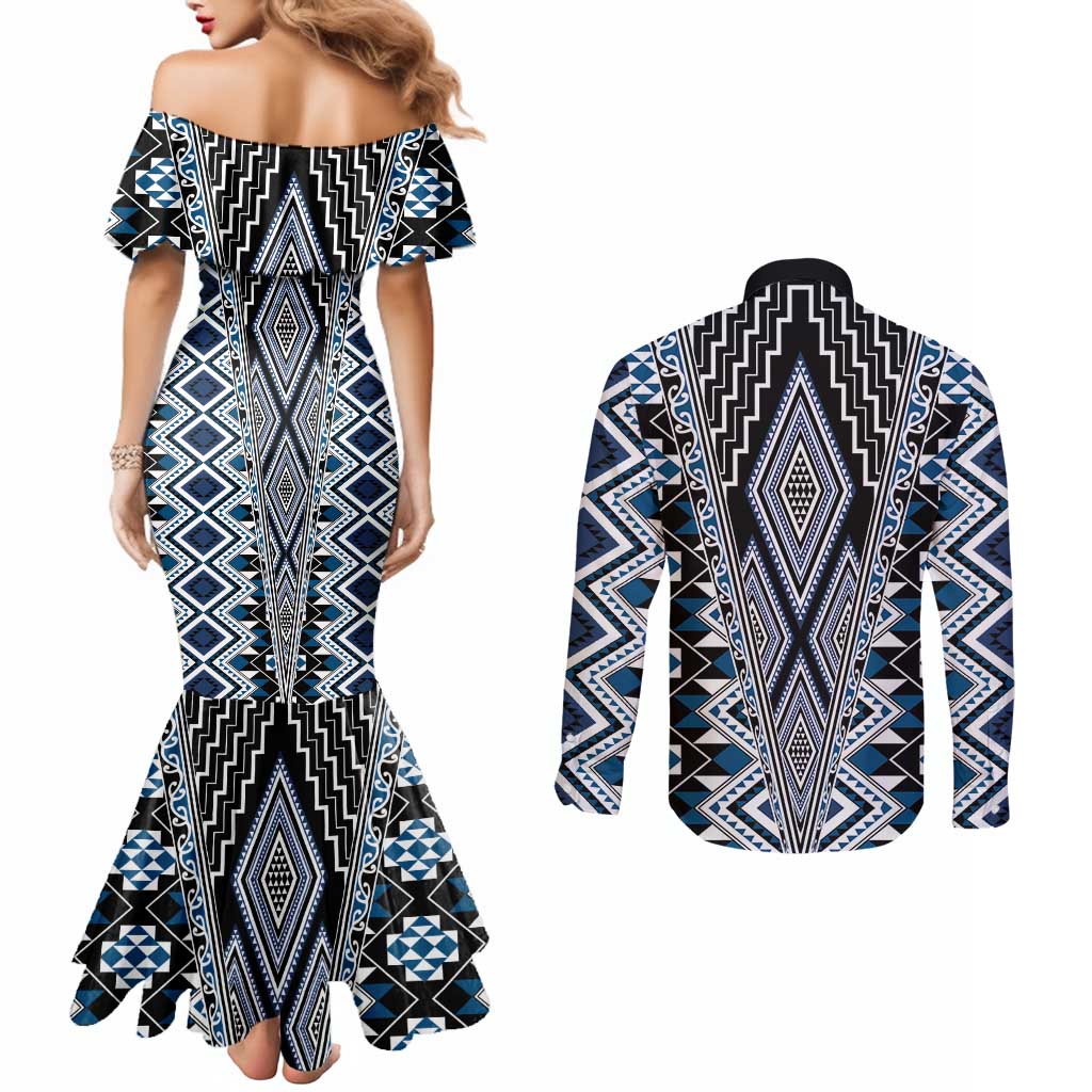 Blue Aotearoa Tukutuku and Poutama Motif Couples Matching Mermaid Dress and Long Sleeve Button Shirt