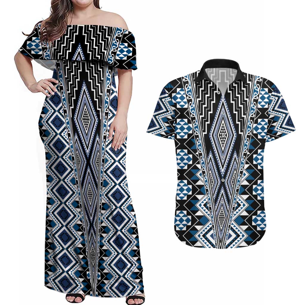 Blue Aotearoa Tukutuku and Poutama Motif Couples Matching Off Shoulder Maxi Dress and Hawaiian Shirt