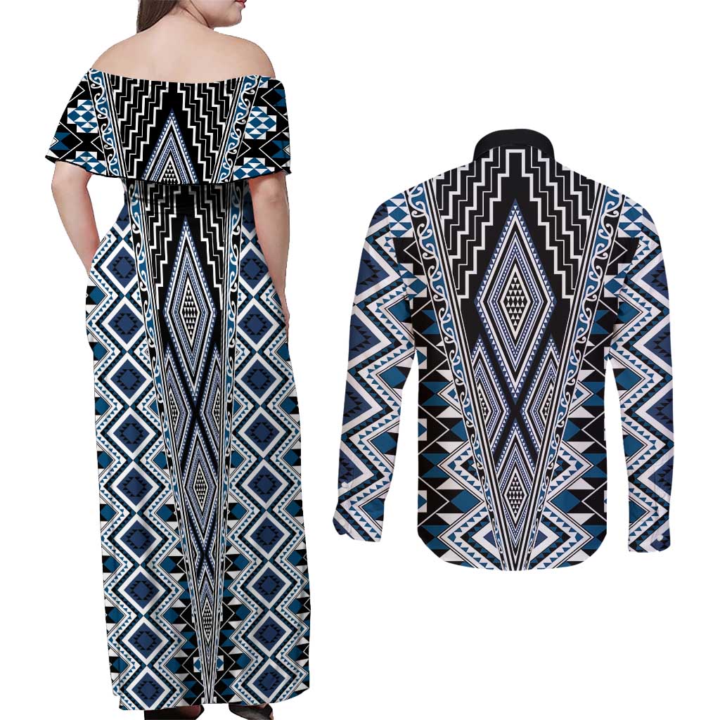 Blue Aotearoa Tukutuku and Poutama Motif Couples Matching Off Shoulder Maxi Dress and Long Sleeve Button Shirt