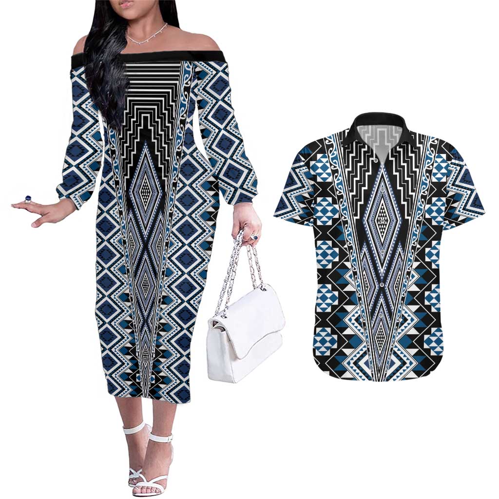Blue Aotearoa Tukutuku and Poutama Motif Couples Matching Off The Shoulder Long Sleeve Dress and Hawaiian Shirt