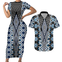 Blue Aotearoa Tukutuku and Poutama Motif Couples Matching Short Sleeve Bodycon Dress and Hawaiian Shirt