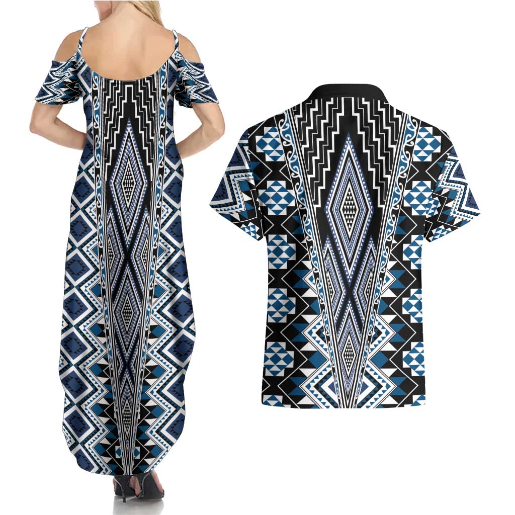 Blue Aotearoa Tukutuku and Poutama Motif Couples Matching Summer Maxi Dress and Hawaiian Shirt