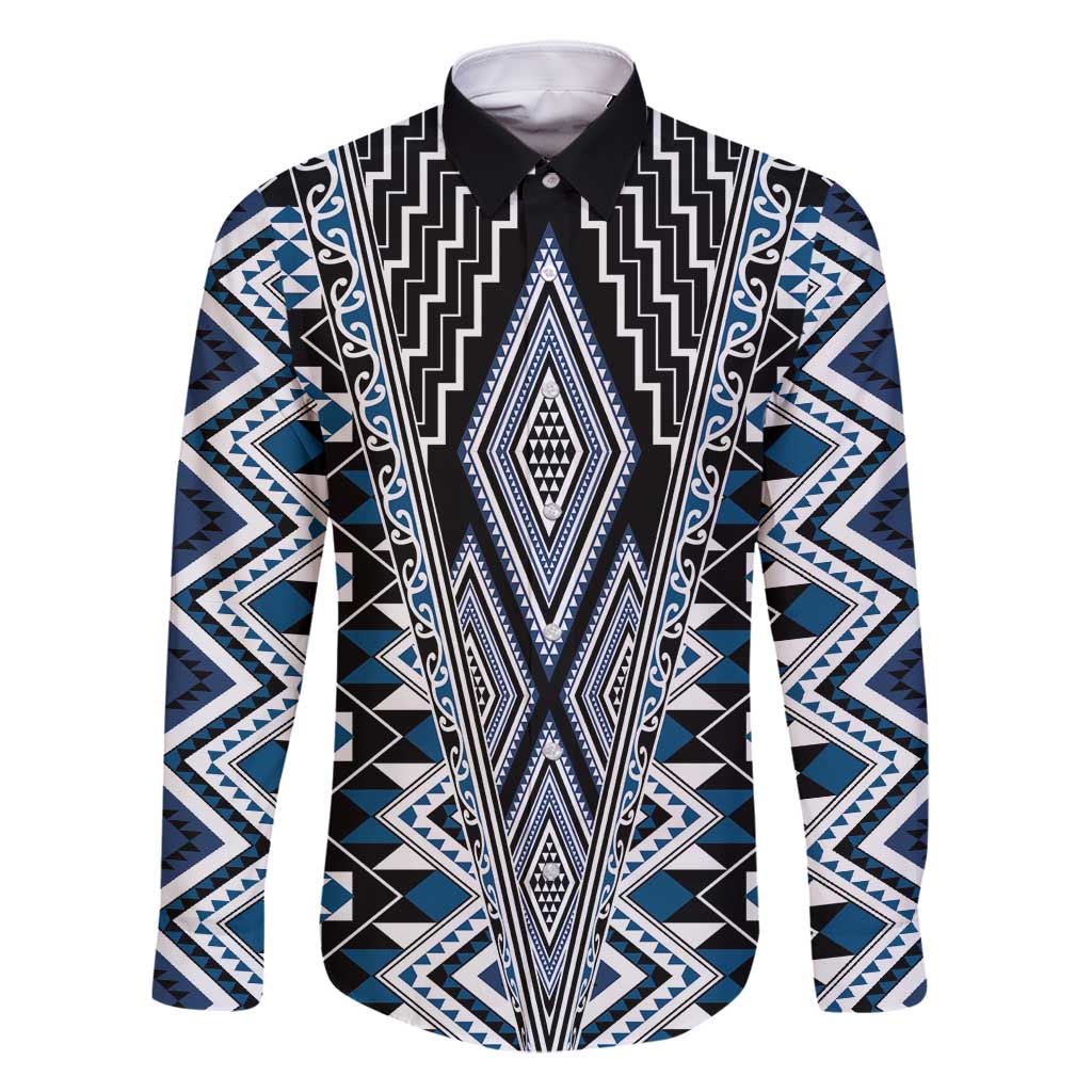 Blue Aotearoa Tukutuku and Poutama Motif Family Matching Long Sleeve Bodycon Dress and Hawaiian Shirt
