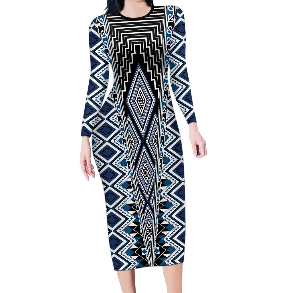 Blue Aotearoa Tukutuku and Poutama Motif Family Matching Long Sleeve Bodycon Dress and Hawaiian Shirt