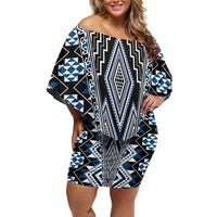 Blue Aotearoa Tukutuku and Poutama Motif Family Matching Off Shoulder Short Dress and Hawaiian Shirt