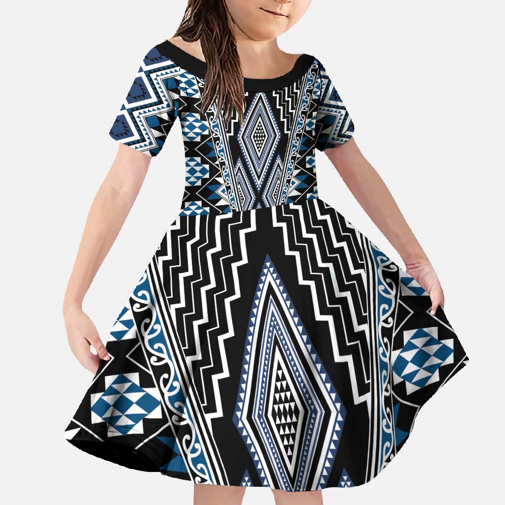 Blue Aotearoa Tukutuku and Poutama Motif Family Matching Short Sleeve Bodycon Dress and Hawaiian Shirt