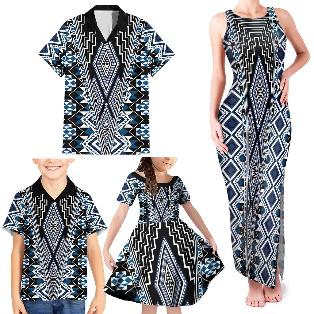Blue Aotearoa Tukutuku and Poutama Motif Family Matching Tank Maxi Dress and Hawaiian Shirt