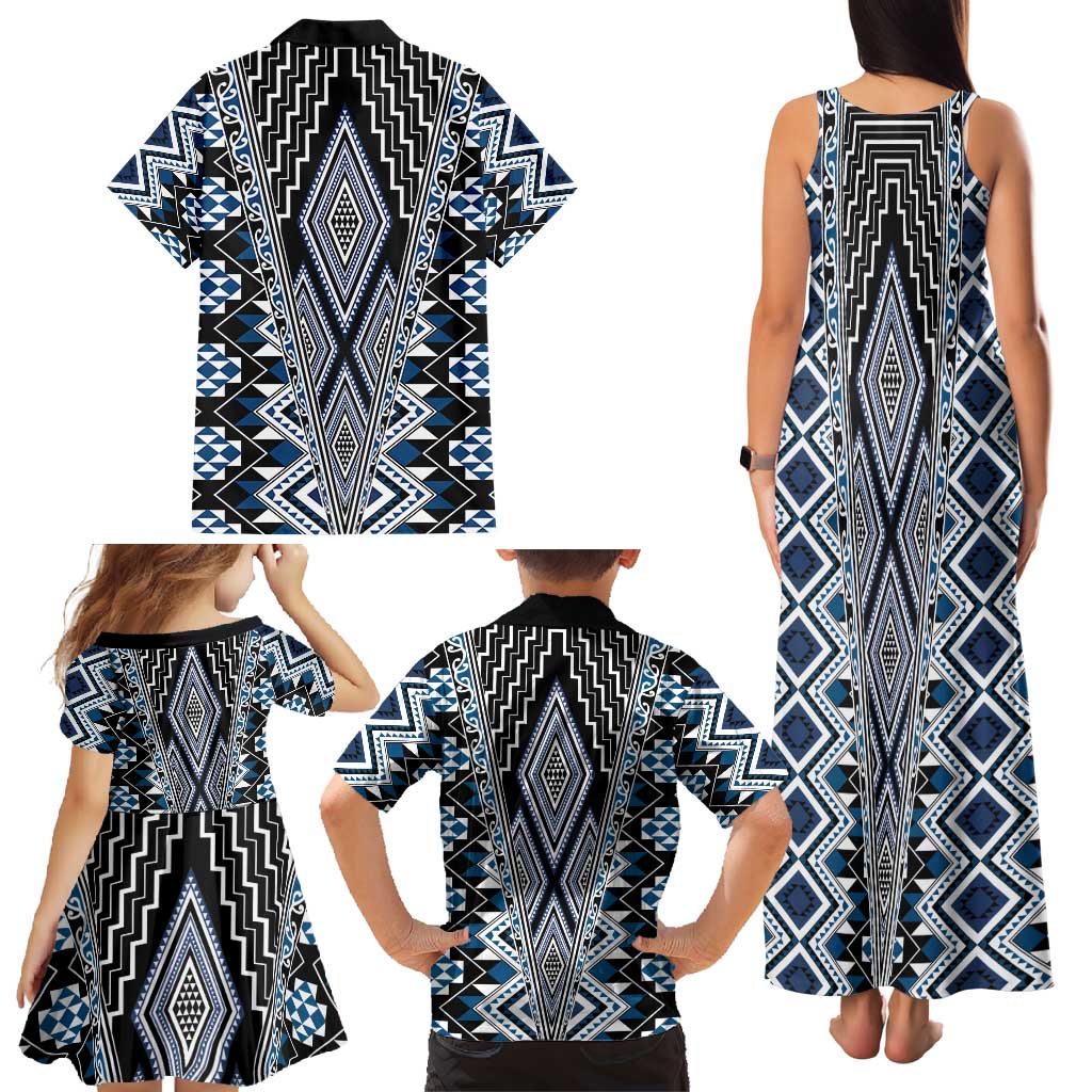 Blue Aotearoa Tukutuku and Poutama Motif Family Matching Tank Maxi Dress and Hawaiian Shirt
